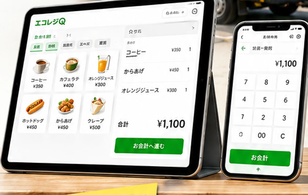 タブレットとスマートフォンでレジ会計する様子